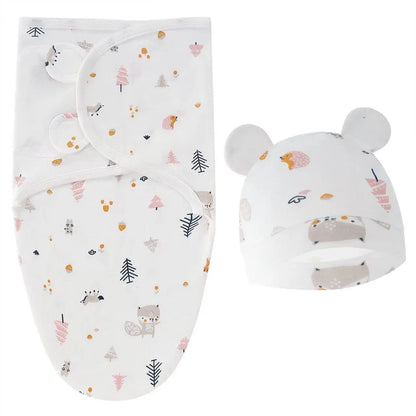 Baby Blanket Hat Set Cartoon Printed Cotton Newborn Swaddle Adjustable Infant Sleeping Swaddle Wraps All Seasons 0-6 Months