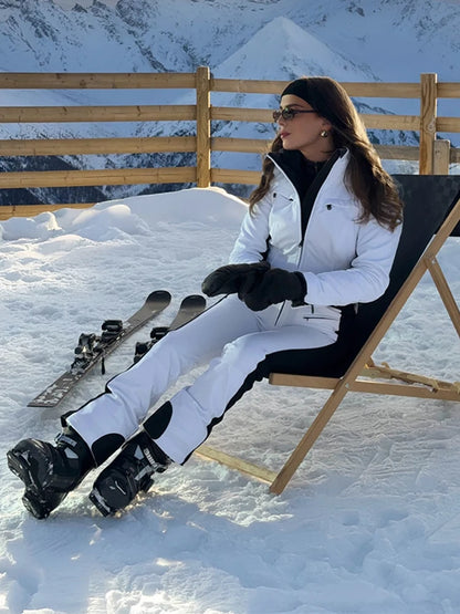 Fur-Trimmed Hooded Belted Ski Suit Slim Windproof Water-Resistant Long Sleeve 2025 Winter Fashion Women Fashion Snow Bodysuit