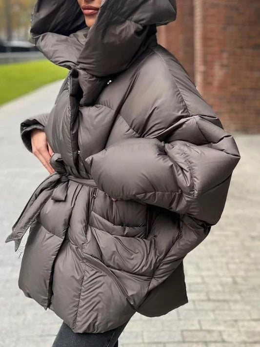 Hooded Batwing Sleeve Tie Waist Puffer Coat  Fit Quilted Warm 2026 Winter Women Street Outerwear Chic Casual Trendy Outfit