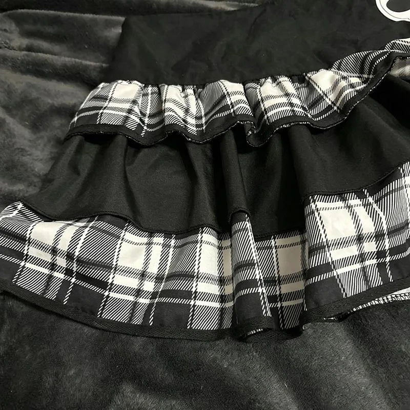 Harajuku Punk Plaid Ruffle Mini Skirt Gothic Elastic Waist Skull Chain Streetwear Y2K Lolita Women Short Skirt Women's Clothes