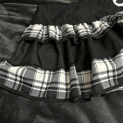 Harajuku Punk Plaid Ruffle Mini Skirt Gothic Elastic Waist Skull Chain Streetwear Y2K Lolita Women Short Skirt Women's Clothes