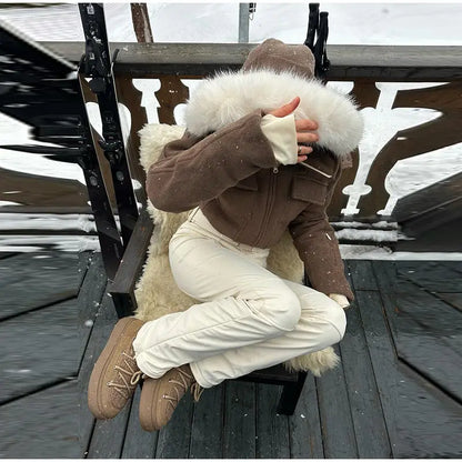 Fur Trim Hooded Flap Pocket Wool-Blend Ski Jumpsuit Patchwork Full Length 2025 Winter Fashion New Causal Warm Women Skiwear Set