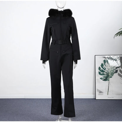 Casual Fur-Trimmed Hooded Ski Suit Women Fashion Belted Slim Full Sleeve Warm Jumpsuits Female 2026 Winter Snow Bodysuit Lady