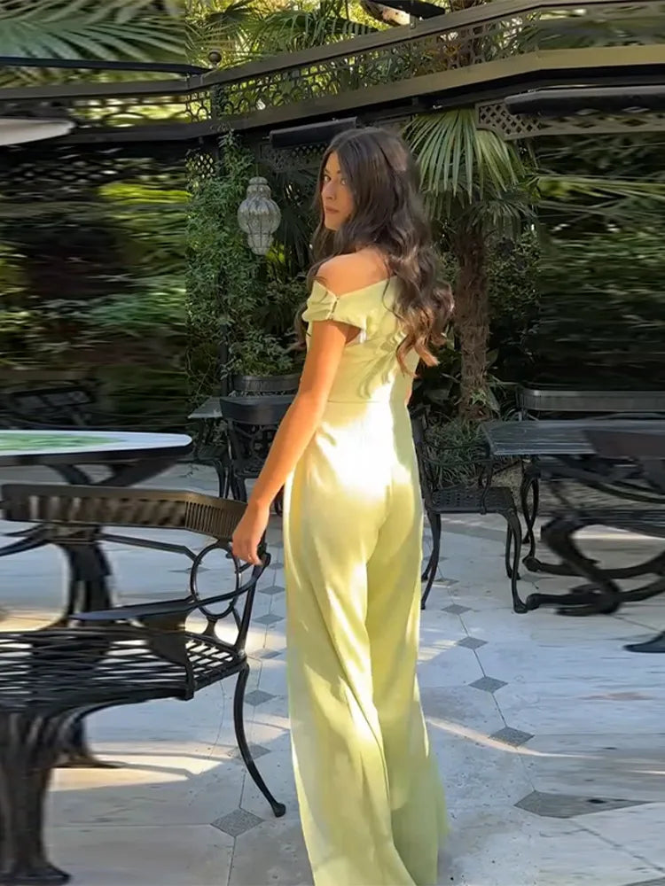 Women Pant Asymmetric One Shoulder Jumpsuit Chiffon Draped Overlay Wide Leg Pants Elegant Formal Party Casual Outfit For Ladies