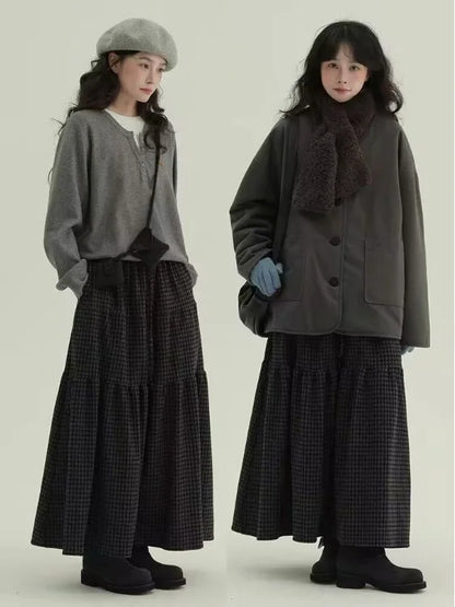 Women's Retro Patchwork Plaid A-Line Midi Skirt Elastic Waist Slimming Versatile Large Size Clothing Casual Long Skirts