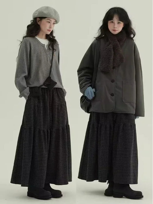 Women's Retro Patchwork Plaid A-Line Midi Skirt Elastic Waist Slimming Versatile Large Size Clothing Casual Long Skirts