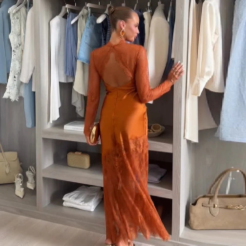 Lace Mock Neck Maxi Dress Women Sheer Lace Overlay Satin Lining Long Sleeve Mermaid Hem Vestidos Elegant Formal Ladies Gown