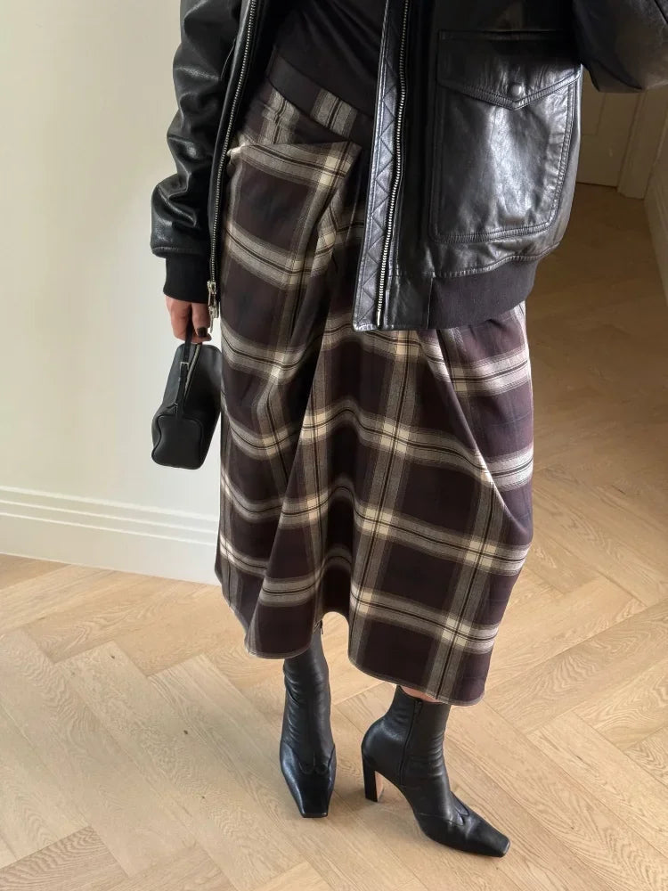 Chic Plaid Checked Midi Skirt Women Casual Pleated Slim High Waist Mid-length Bottom Skirts 2025 Office Commute Daily Wear New