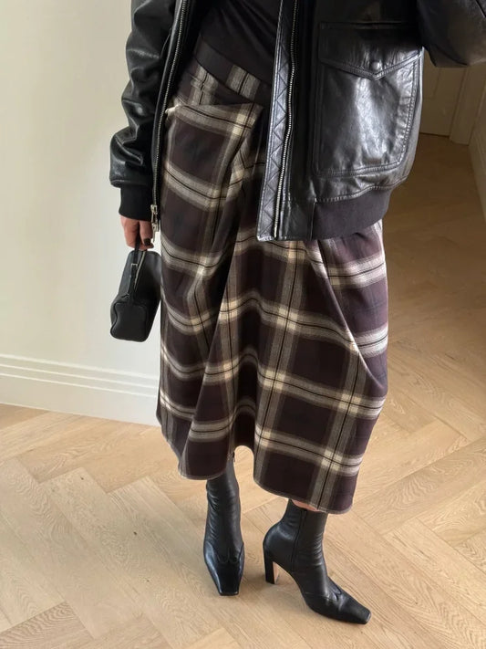Chic Plaid Checked Midi Skirt Women Casual Pleated Slim High Waist Mid-length Bottom Skirts 2025 Office Commute Daily Wear New