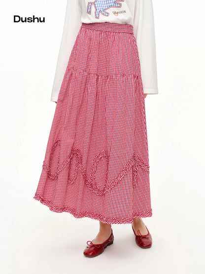 DUSHU Plaid Ruffled Hem Red Skirt Women 2026 Summer Relaxed Holiday Korean Style Loose-fitting Midi Skirt Age-reducing Citywalk
