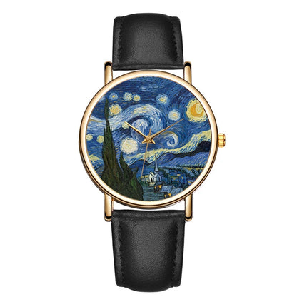 Van Gogh Painting Dial Watches for Women Men Metal Case Leather Strap Quartz Watches Artwork The Starry Night Woman Watches Gift