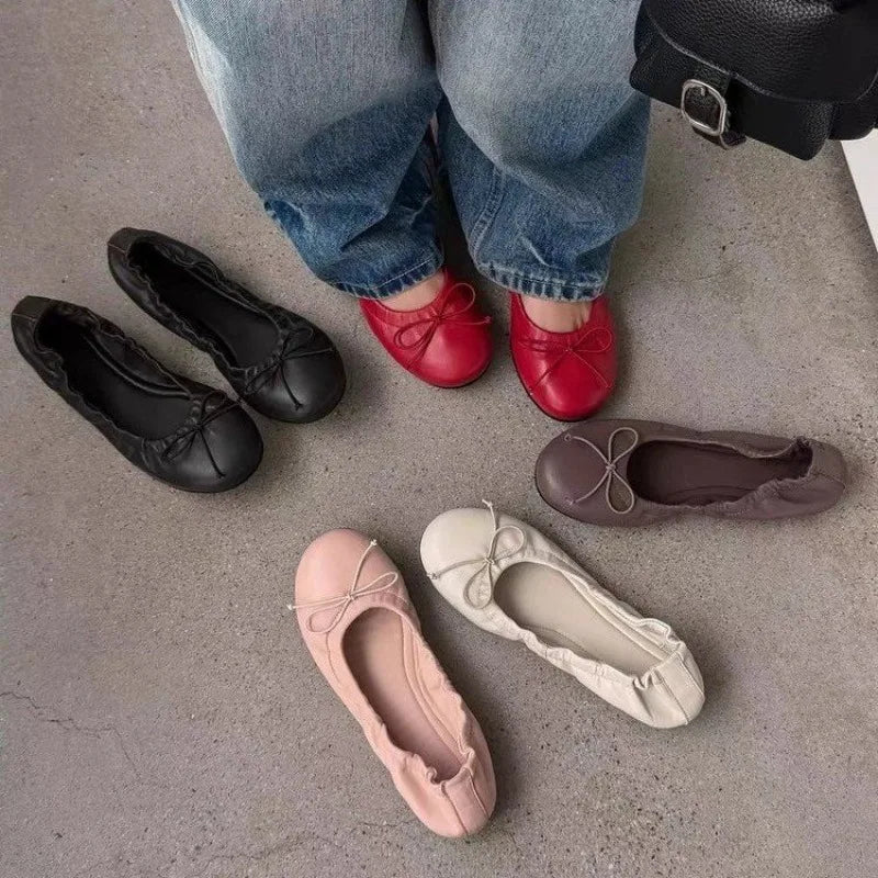 2026 Elegant Retro Red Bowknot Ballet Shoes for Women Soft Flat Loafers for Women's All Match Commuting Footwear Zapatos Mujer