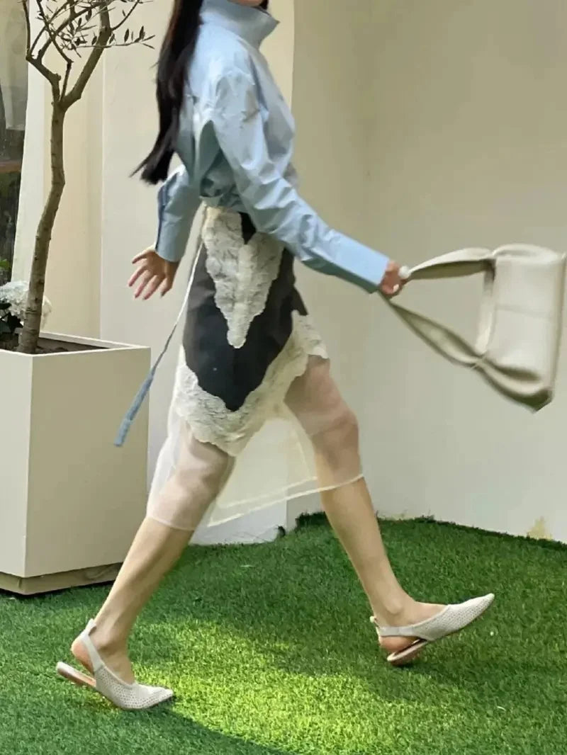 New Elegant Summer Thin Skirt Women Fashion Slim Splice Mesh High Waist Patchwork Lace Casual Breather Office Lady Skirts Jupe
