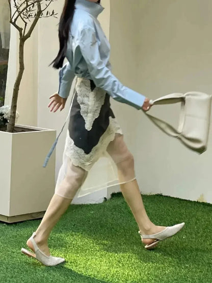 New Elegant Summer Thin Skirt Women Fashion Slim Splice Mesh High Waist Patchwork Lace Casual Breather Office Lady Skirts Jupe