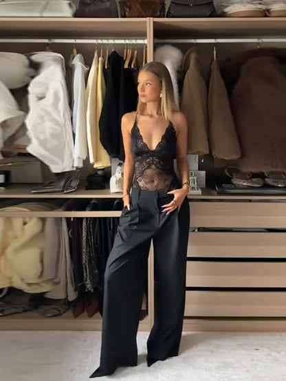 Sexy Lace Trim Bodysuit Women V-neck Sleeveless Back Lace Up Perspective Solid Tops Lady Spring Summer Chic Casual Party Cloth