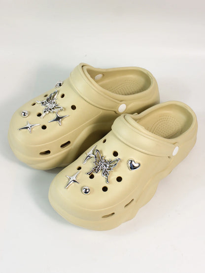 Women DIY Silver Butterfly-Knot Fashion Bow Decor Clogs Summer Sping Autumn Beach Sandals Cave Hole Garden Shoes Students Girls