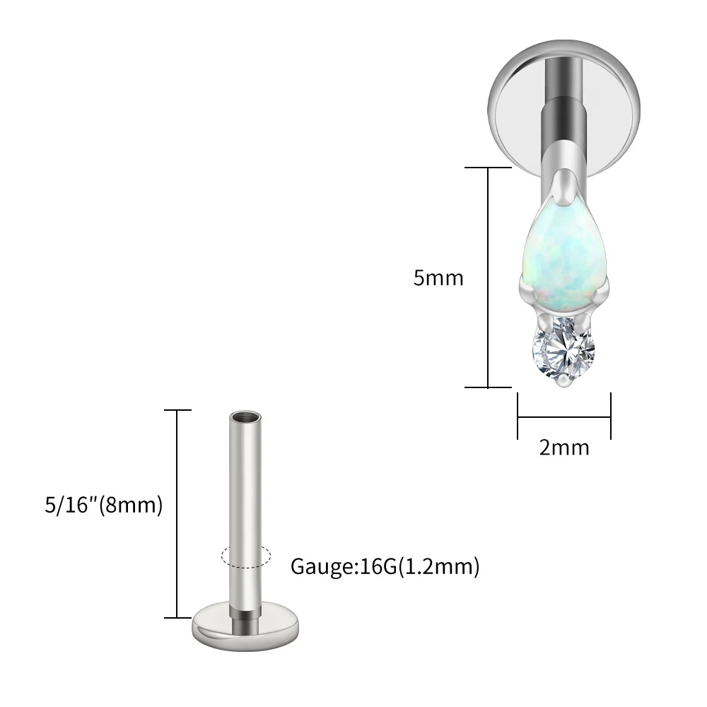 Right Grand ASTM F136 Titanium Teardrop Opal Cartilage Earring 16G Tiny Round CZ Forward Helix Labret Stud Piercing Jewelry