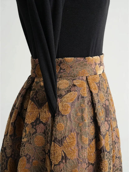 High Quality New Autumn Winter Vintage Butterfly Jacquard Mid-long Umbrella Skirt Elegant High Waist Casual Women Woolen Skirts