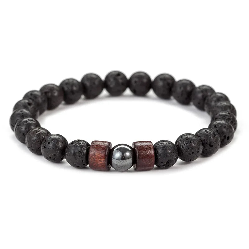 8mm Volcanic Stone Bracelet for Men Lava Wooden Beads Bracelet Tibetan Buddha Male Wrist Chain Jewelry Handmade Elastic Bracelet