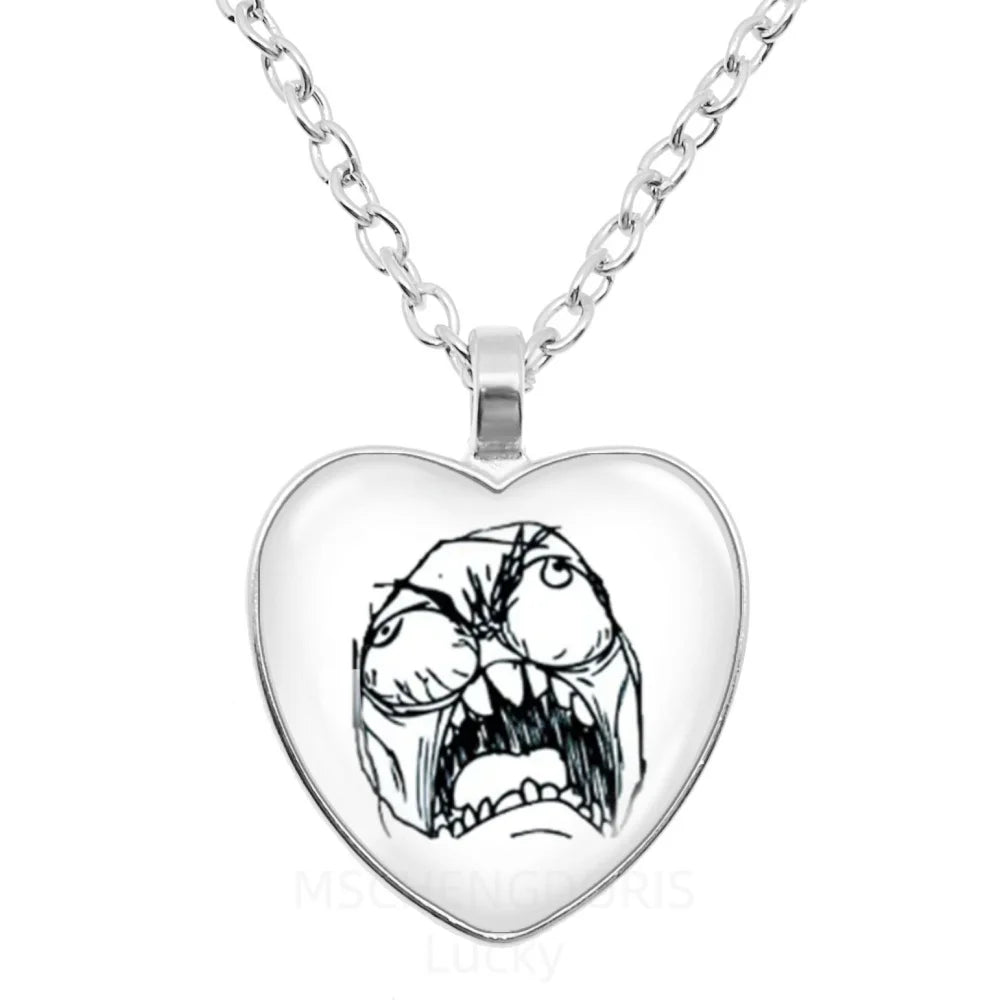 Rage Comic Necklace Derp Face Trollface Funny Meme Cartoon Glass Heart Shape Pendant Chain Necklace Charm Jewelry Collect Gift