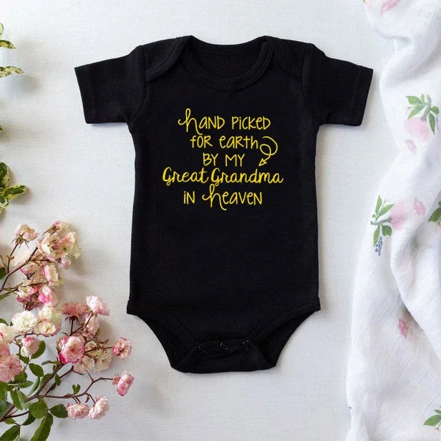 Hand Picked For Earth By My Great Grandma In Heaven Baby Summer Bodysuits Cotton Newborn Jumpsuit Short Sleeve Body Baby Outfits