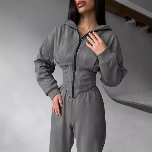 Autumn 2 Piece Sets Women Outfits Elegant Zipper Solid Color Hooded Slim Bodysuit + Casual Sports Style Trousers Womens Clothing