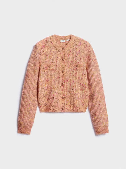Women Cropped Knit Cardigan Speckled Round Neck Metal Button Front Long Sleeve Slim Fit Knit Jacket Casual Ladies Outerwear