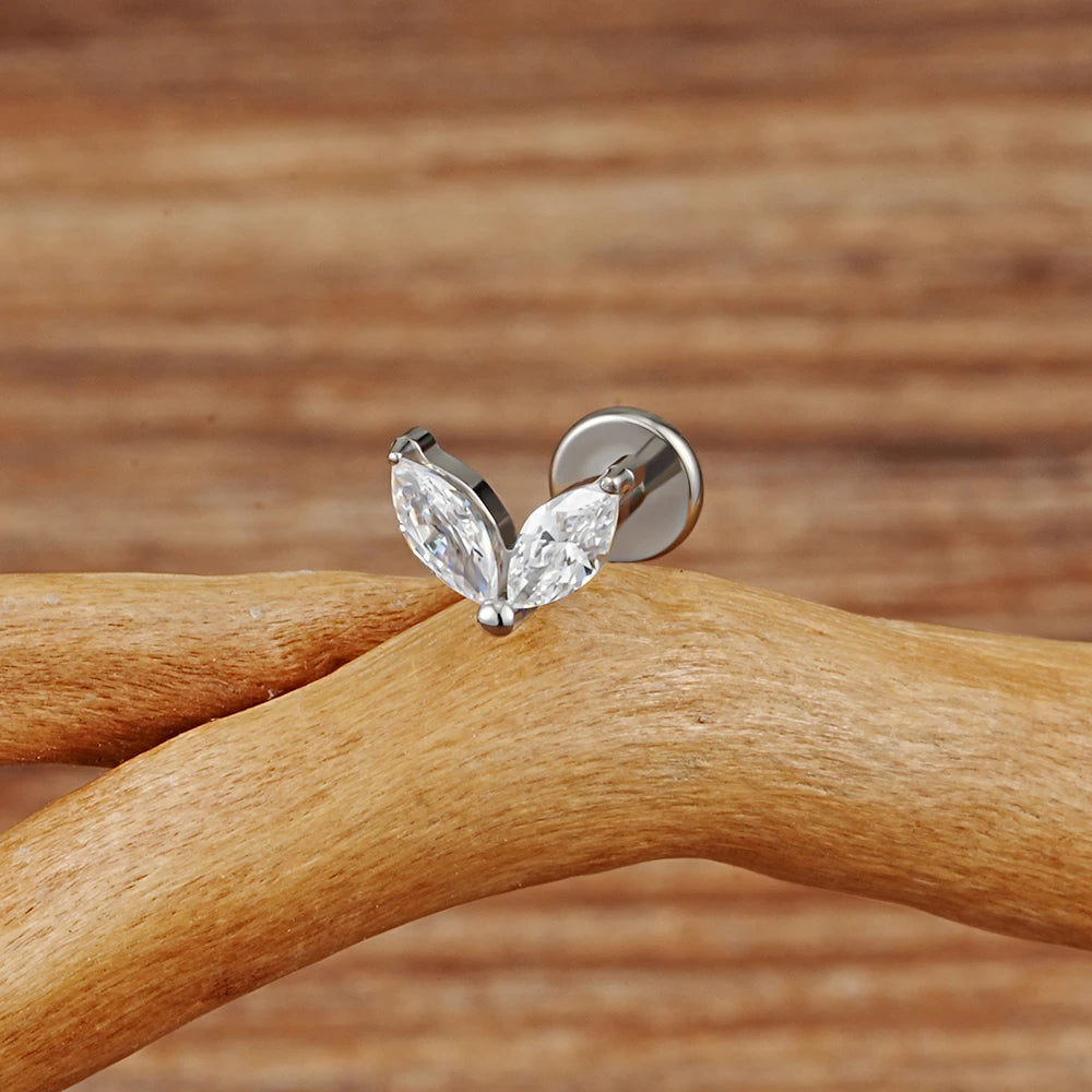 Right Grand ASTM F136 Titanium Tiny Double Marquise CZ Labret Stud Earring 16G Heart CZ Cartilage Helix Tragus Conch Piercing