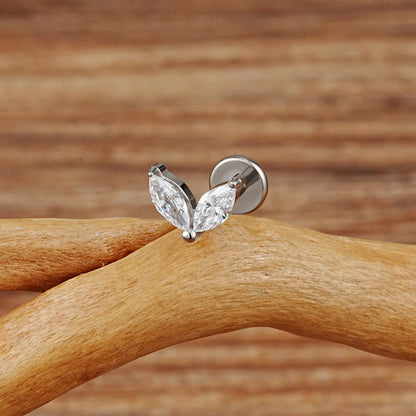 Right Grand ASTM F136 Titanium Tiny Double Marquise CZ Labret Stud Earring 16G Heart CZ Cartilage Helix Tragus Conch Piercing