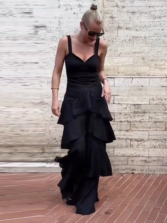 Chic Women's Solid Cascading Ruffles Flare Pants Chiffon High Waist Female Black Trousers 2026 Summer Lady All-match Trouser New