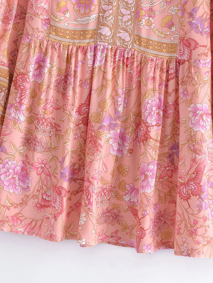 Happie Queens Fashion Women Pink Floral Printed Tie Neck Bohemian Shirt Ladies Long Sleeve Rayon Boho Shirts Blusas Tops