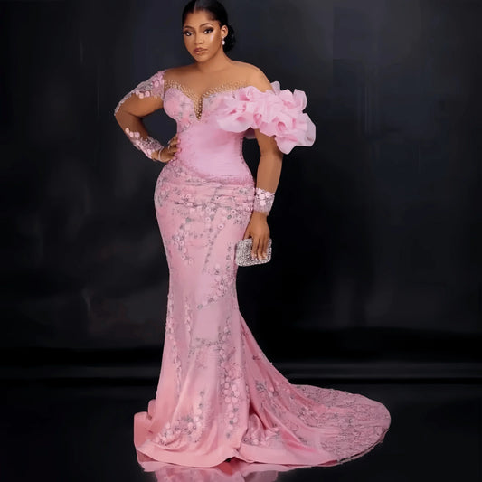 Pink Mermaid Evening Dress Flower Embroidery Long Sleeve Ball Party Dress Luxury Women's Birthday Dress Customization