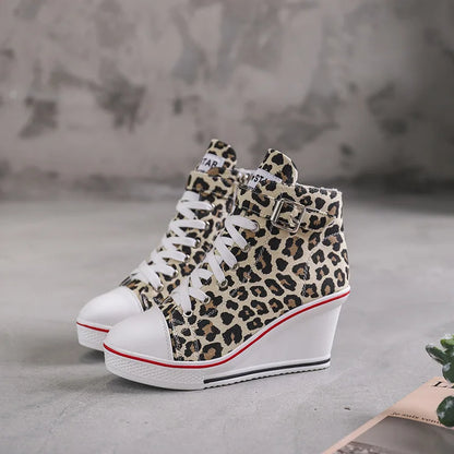 High Top Canvas Women Wedge Shoes Women's Denim Ankle Lace Up Ladies Ankle Canvas Shoes Woman 8cm Heels Sneakers