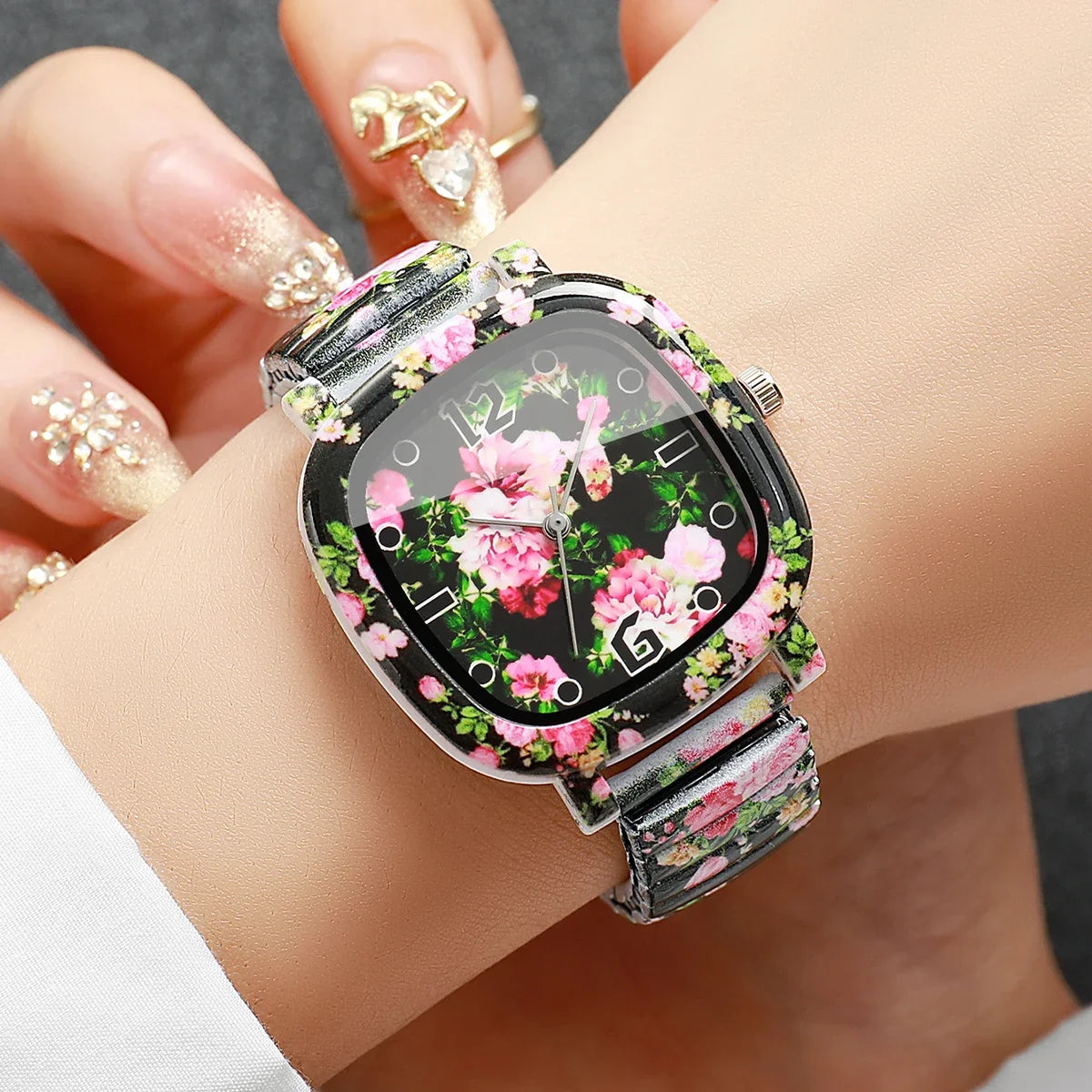 Flowers Printed Square Quartz Watch Women Casual Black Elastic Stretch Strap Ladies Wristwatch Relogio Feminino (Without Box)