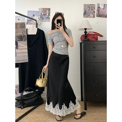 Elegant Long Skirts for Women Summer High Waist Lace Satin Skirt Women's A-line Korean Fashion Solid Color Loose Women's Skirt