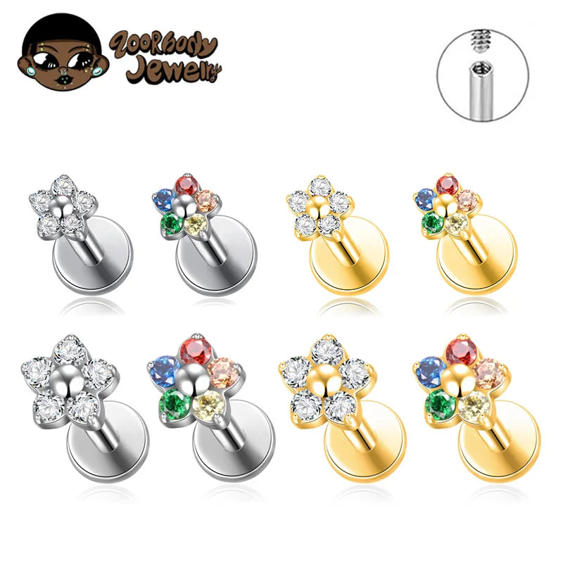 G23 Titanium Colorful Flower Lip Piercing Women 16G 18G Snowflake Heart CZ Tragus Cartilage Helix Conch Daith Earrings Piercing