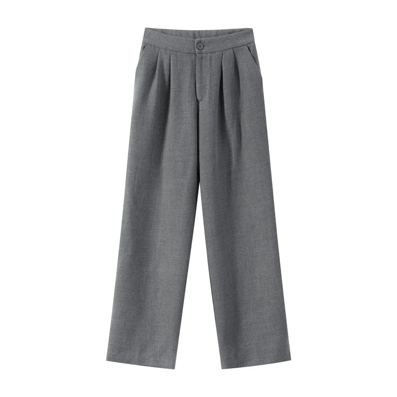 Casual Solid Woolen Top Pants Set Women Puff Full Sleeve Closed Waist Blouse Straight Trousers Sets 2026 Autumn Winter Lady Suit