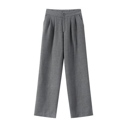 Casual Solid Woolen Top Pants Set Women Puff Full Sleeve Closed Waist Blouse Straight Trousers Sets 2026 Autumn Winter Lady Suit