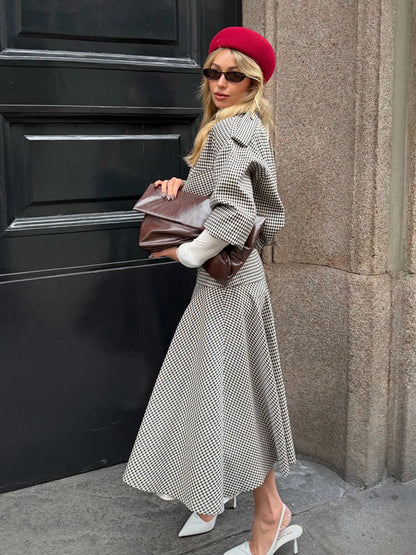 HH 2026 Women Spring Skirt Suit Stand Collar Single Breasted Casual Plaid Bomber Jacket+Side Zipper Splicing Pleated Midi Dress