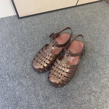 Hot Sale New Ladies Jelly Shoes Girl Hollowed Out Flat Roman Beach Shoes Classical Women Summer Mini Melis Sandals Retro SM128