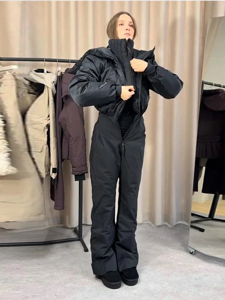 Fashion Hooded Women's Skiwear Jumpsuits Stand Collar Zipper Long Sleeve High Waist Cotton Jumpsuit 2026 Winter Warm Romper
