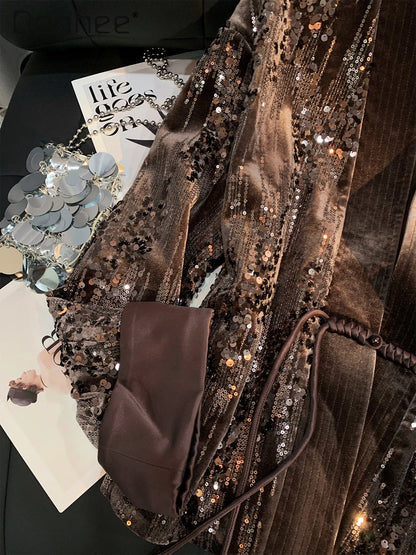 New Chinese Style Heavy Sequin Velvet Button Coat for Women Elegant V-Neck Slim Loose Slim Trendy High-End Coat Female