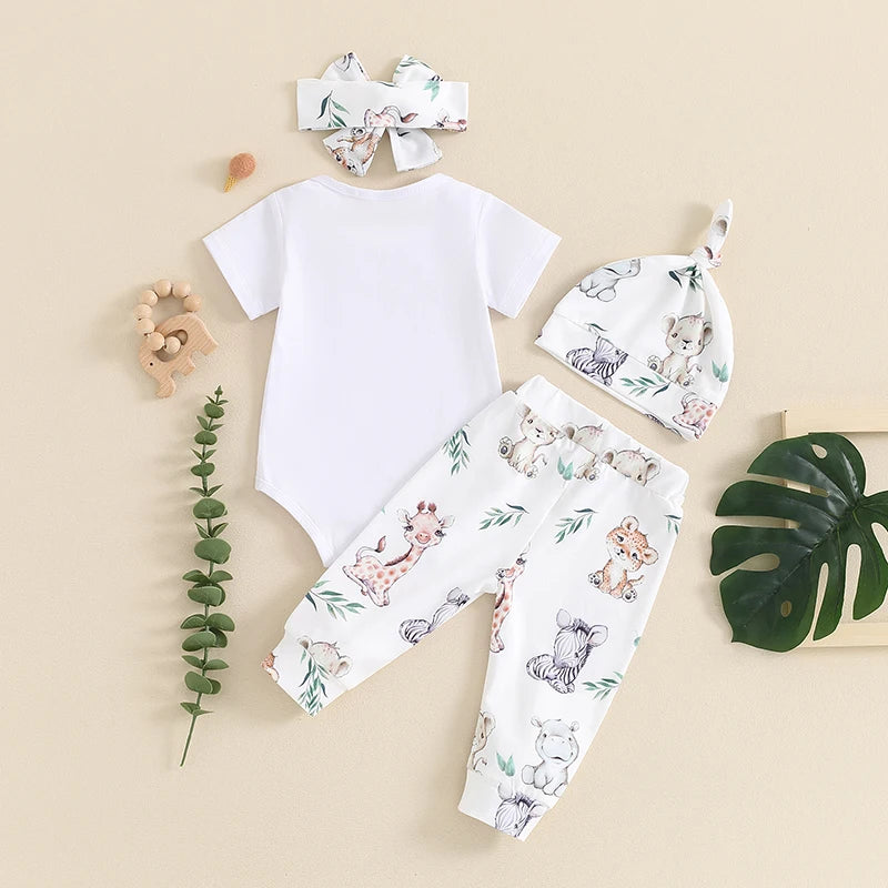 Citgeett Summer Infant Baby Boys Girls Outfits Short Sleeve Animal Print Romper + Pants + Headband + Hat Set Clothes