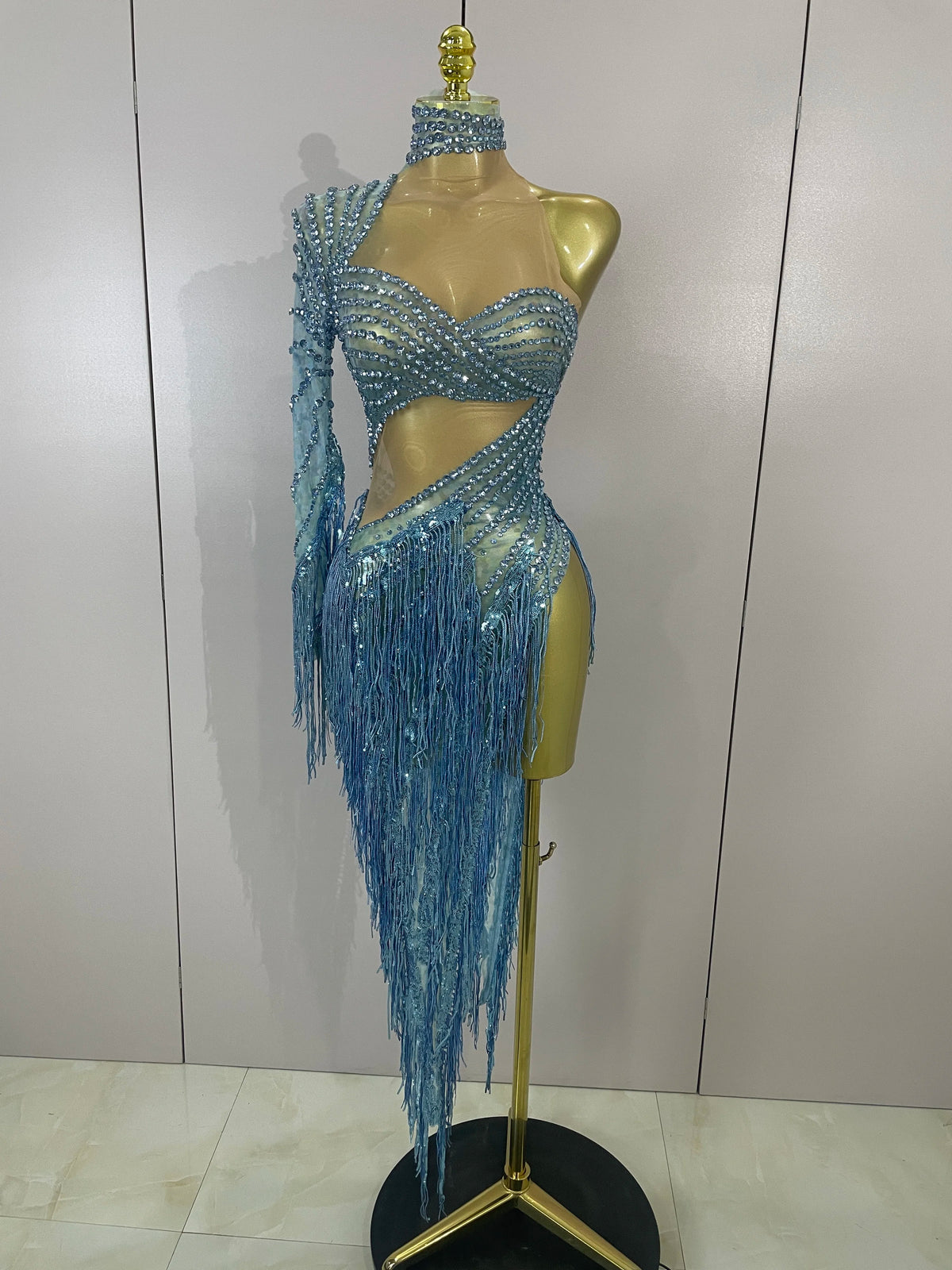 Sexy Latin Dance Outfits Sparkly Diamond Blue Rhinestone Mesh One Shoulder Tassel Dress Eveing Party Bar Nightclub Stage Costume