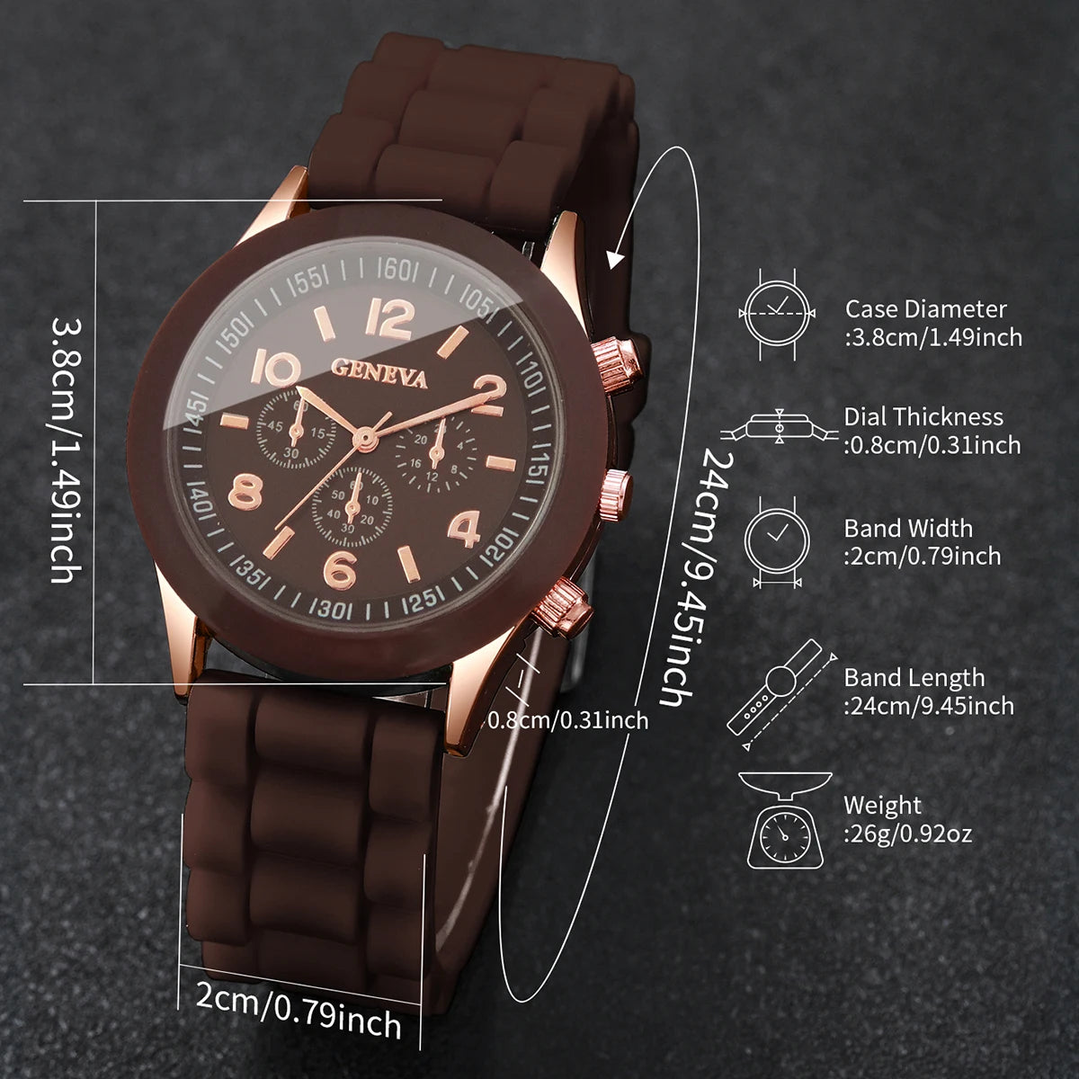2PCS Fashion Brown Silicone Band Women Quartz Watch Heart Bracelet Set Arabic Dial Ladies Wristwatches Reloj Mujer（Without Box）