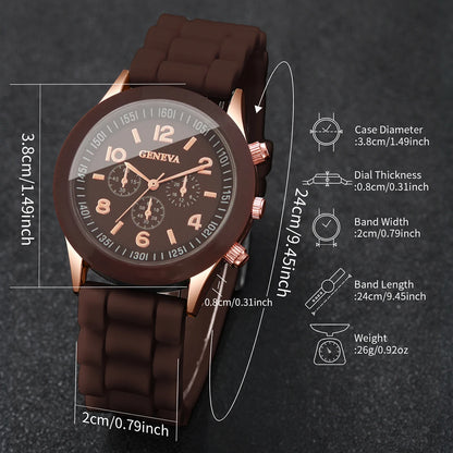 2PCS Fashion Brown Silicone Band Women Quartz Watch Heart Bracelet Set Arabic Dial Ladies Wristwatches Reloj Mujer（Without Box）