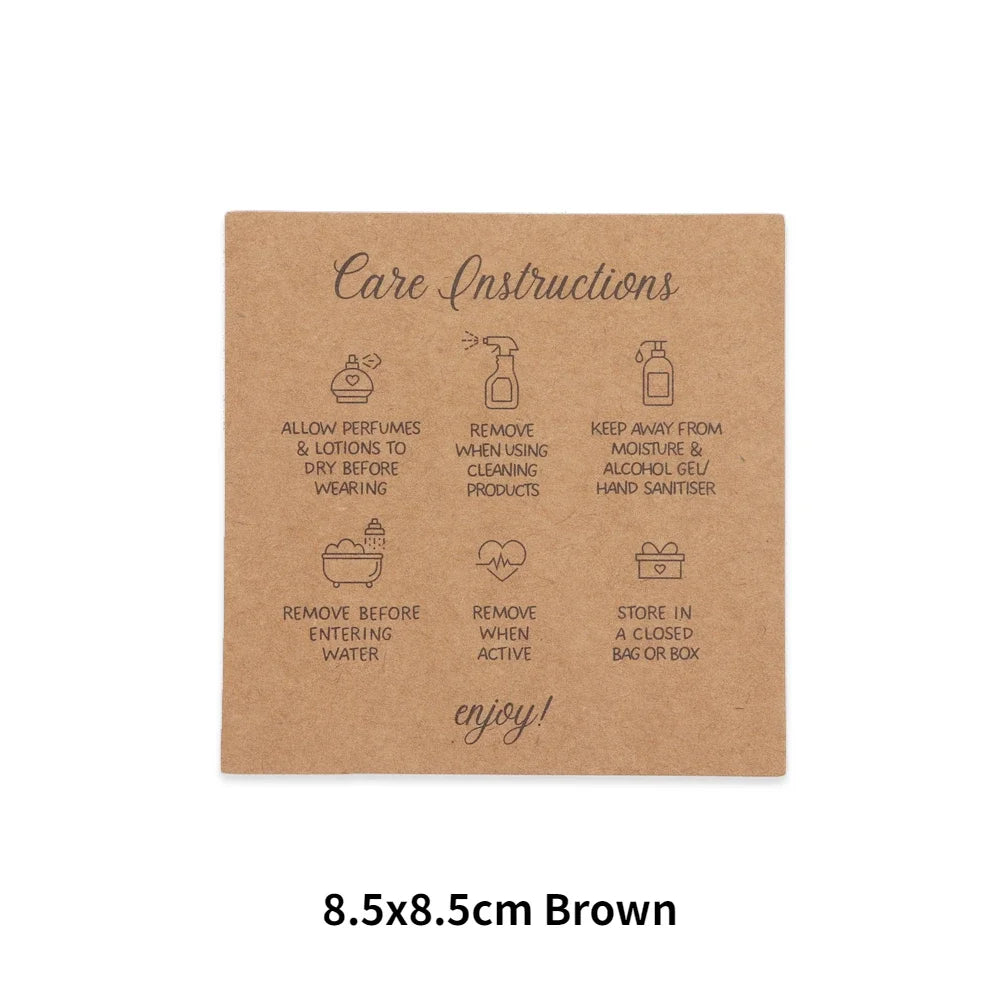 50PCS Printable Square White Brown English Care Instructions Card For Jewelry Making Necklace Care Inserts DIY Accessories