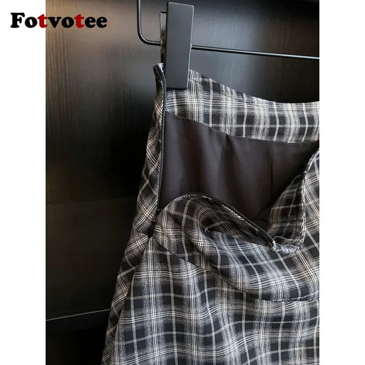 FOTVOTEE Plaid Asymmetrical Skirt Women High Waist A Line Vintage Irregular Long Skirt Lady Casual Spring Fall Party Midi Skirts