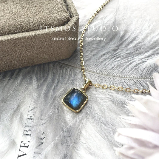 ITSMOS Natural Labradorite Square Pendant Necklace Simple Cube Stone 14k Gold Plated Chain Elegant Jewelry for Women Romatic