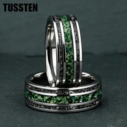TUSSTEN 8MM Men's and Women's Wedding Tungsten Ring Inlaid Moss Agate And Meteorolite Inlay Comfortable Fit